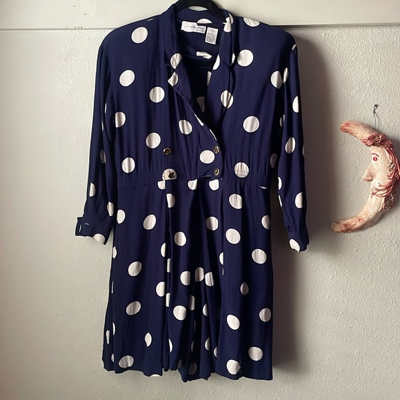 Vintage Liz Claiborne navy polka dot double breasted short romper - Picture 1 of 9